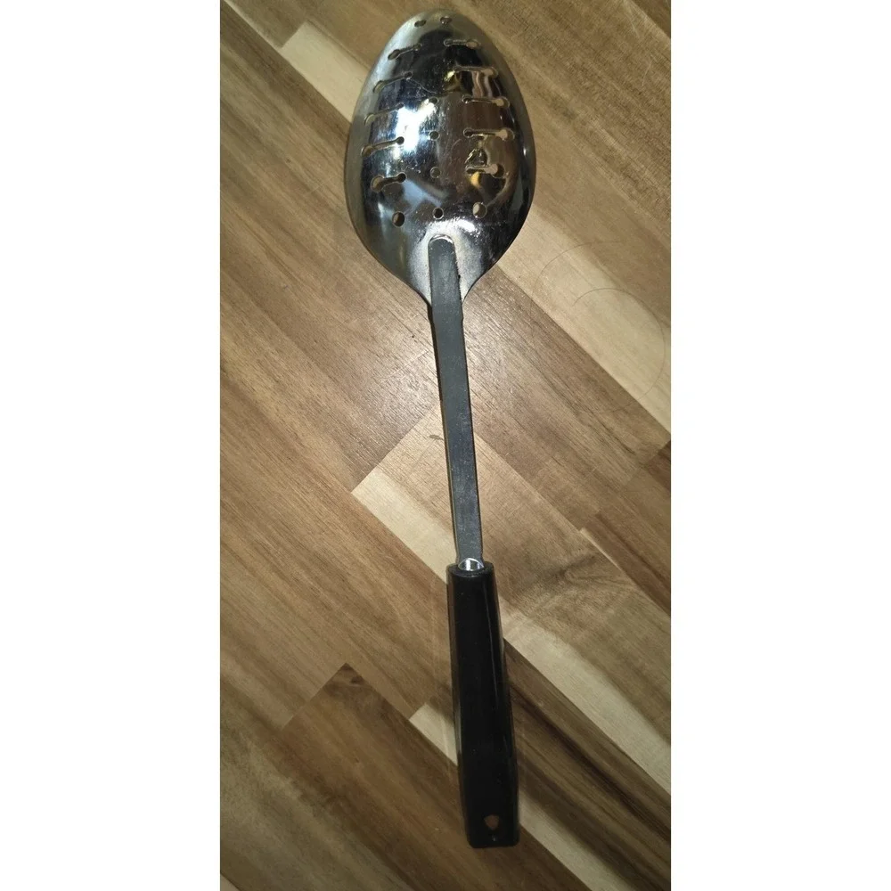 Vintage EKCO Flint Vanadium Stainless Steel Slotted Spoon Composite Black Handle